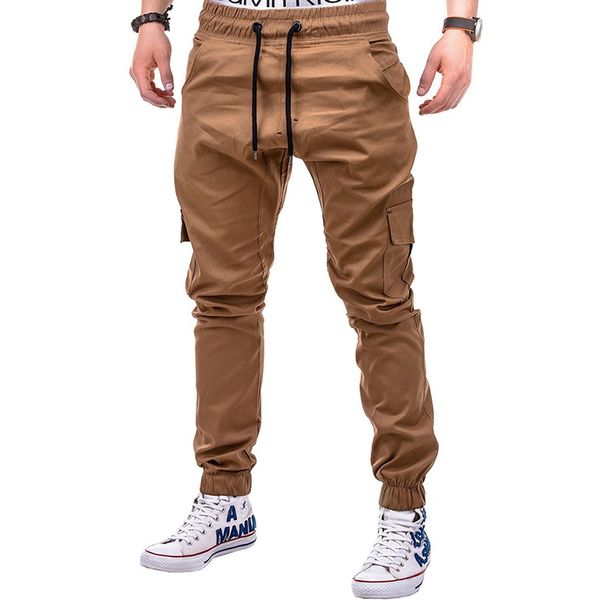 

solid color joggers hip hop harem jogger pants men drawstring multi pockets cargo pants 2018 summer style trousers mens clothing, Black