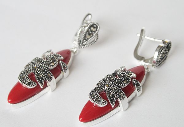 

handmade vintage naturalred coral 925 silver marcasite earrings 1.5, Golden;silver