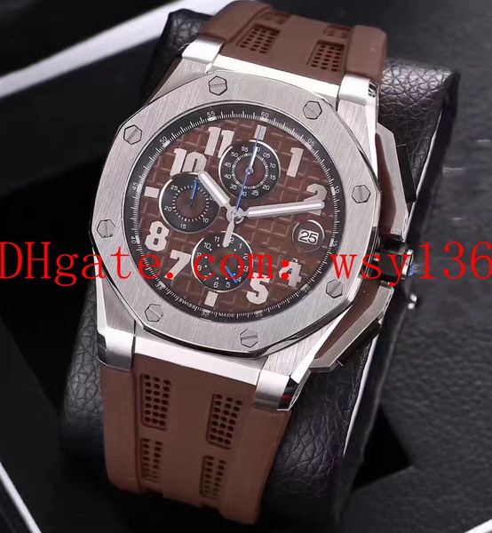 

3 color luxury royal oak offshore new men's date watch stainless steel quartz movement mens watch rubber rope men's wrist watches, Slivery;brown