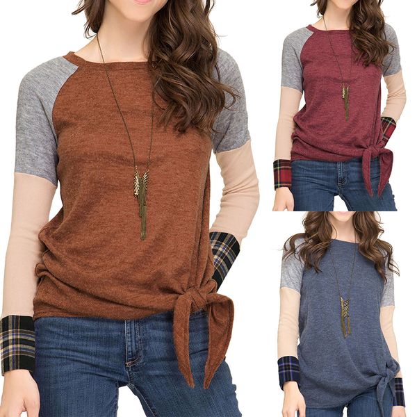 

взрыв модели женская футболка 2018 осень и зима новый европейский и американский женская одежда лучшие продажи плед шить подол завязывают, White