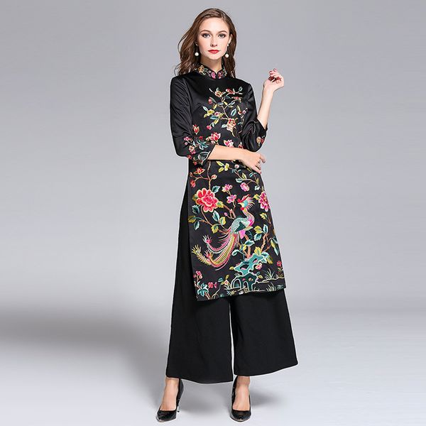 

2018 summer black woman aodai vietnam traditional clothing ao dai vietnam robes and pants costumes improved cheongsam, Red