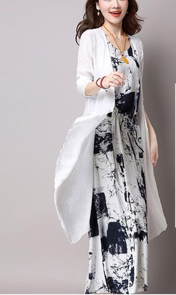 

summer folk style new dress in the long paragraph ink suit skirts vest skirt + cardigan two sets, Gray