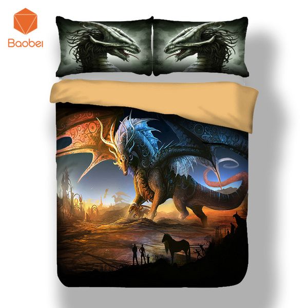 

3pcs pinted 3d dinosaur with wings duvet cover set bedding set with pillowcase for adults kids twin full  king size sj208