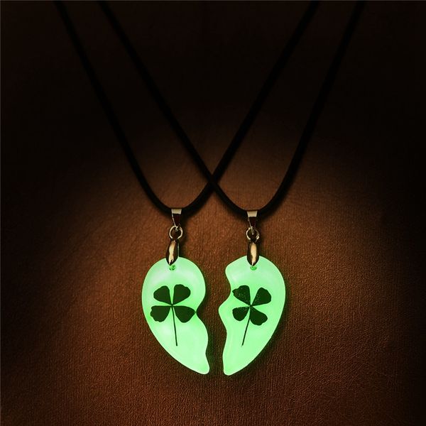 

suteyi clover luminous couple necklace 2pcs heart shape pendant necklace glowing in the dark lovers jewelry rope long, Silver