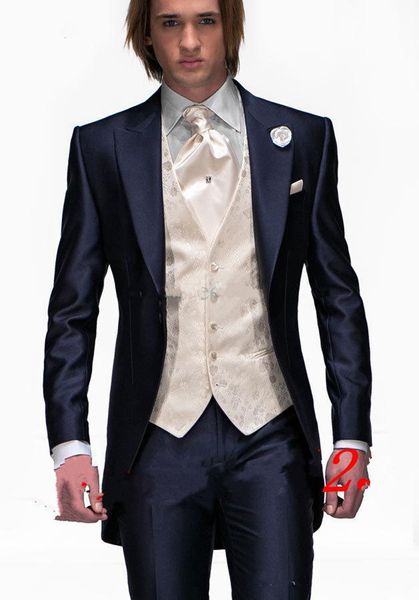 

new custom made slim fit one button navy blue groom tuxedos peak lapel man suit groomsman men wedding suits (jacket+pants+tie+vest) 48, Black;gray