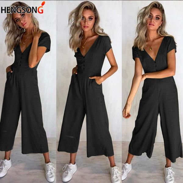 

hengsong women deep v neck button short sleeve summer casual soild rompers elegant wide leg jumpsuit 723431, Black;white