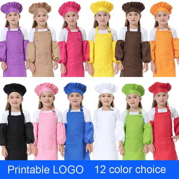 Entzückende 3-teilige Arbeitsschürze für Kinder, Küchentaille, 12 Farben, Kinderschürzen mit Ärmel, Kochmützen zum Malen, Kochen, Backen, druckbares Logo DHL