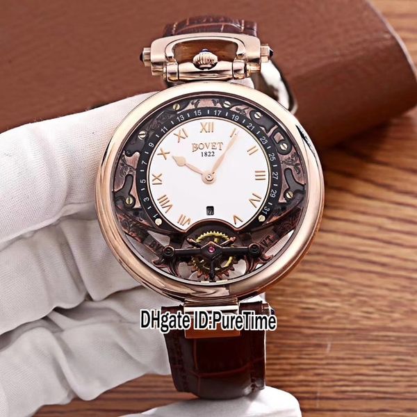 

new bovet amadeo fleurier grand complications virtuoso rose gold skeleton white dial mens watch brown leather strap sports watches a04b2, Slivery;brown