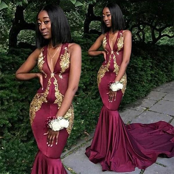 

African Sexy Burgundy Mermaid Prom Dresses Deep V Neck Gold Lace Appliques Cocktail Dress Count Train Evening Gowns robes de soirée