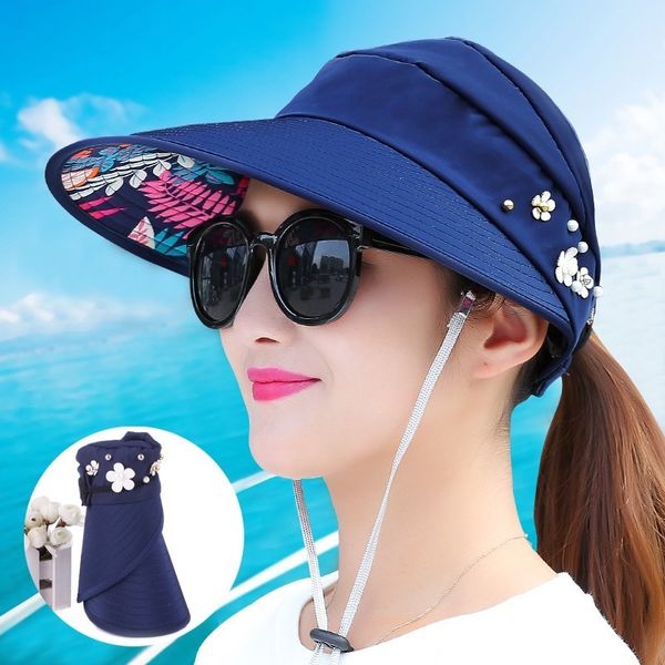 

2018 new simple women summer beach sun hats pearl packable sun visor hat with big heads wide brim uv protection female cap, Blue;gray