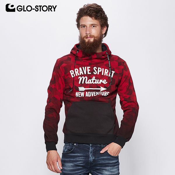 

glo-story мужская 2018 high street wear мода толстовки мужчины плед географические письмо печати старинные спортивный костюм толстовка пальт, Black