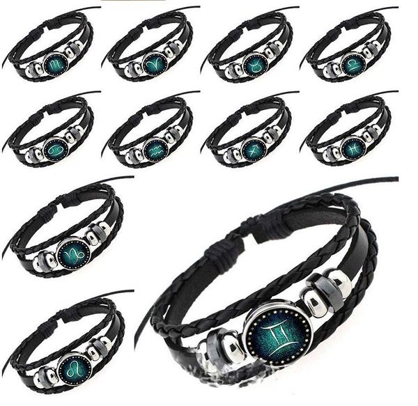 

2018 new design twelve constellations leather bracelets fashion hand-woven beads diy retro zodiac bracelet for women and men gift