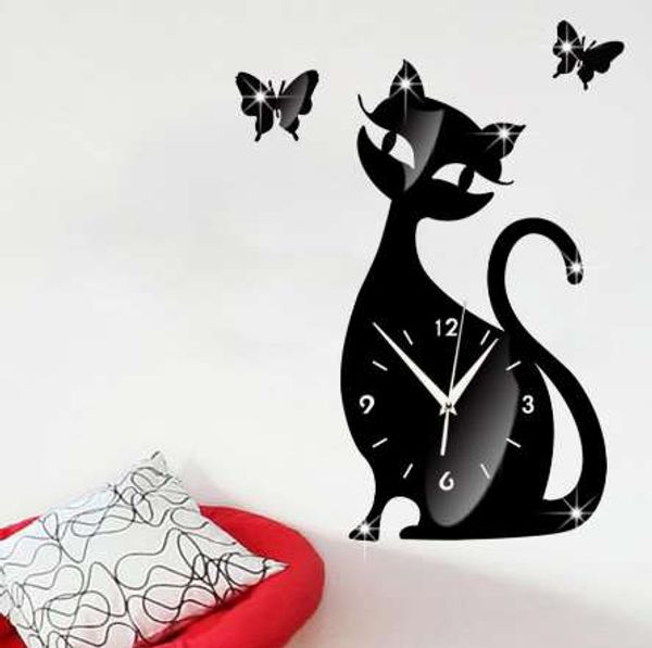 Современная новая мода горячая продажа быстрая доставка милая кошка бабочка зеркало черные настенные часы современный дизайн домашнего декора часы стена 422
