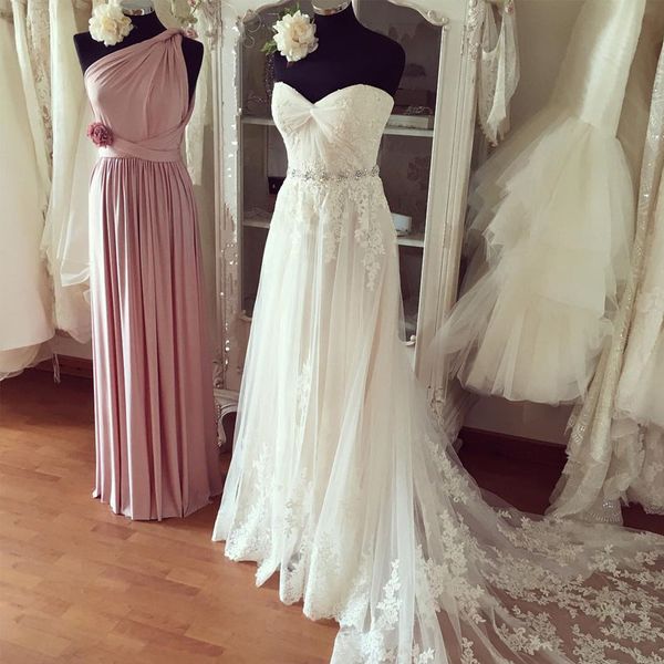 

country beach wedding dresses 2019 sweetheart sleeveless ruched lace appliques boho bridal gowns with crystals belt sheer train, White