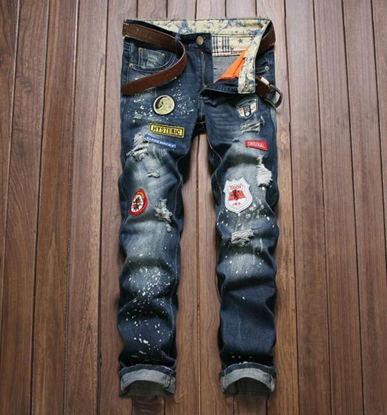 

men in europe and the han edition of the new fashion personality, cultivate one's morality hole badge foot trousers / 2xs - xl, Blue