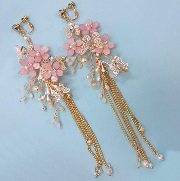 

new tassel flower earrings pink butterfly wedding dress wedding accessories, Silver