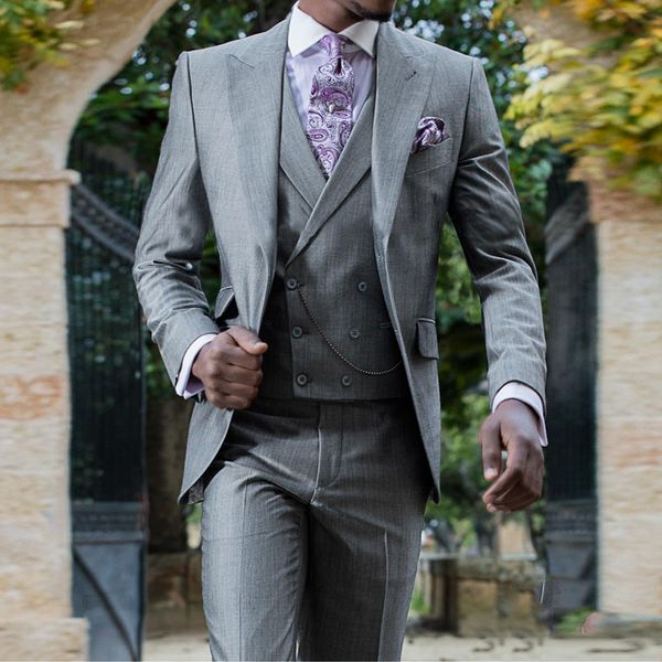

italian grey mens wedding suits retro groom tuxedos male blazers groomsmen suit peaked lapel 3 pieces jacket pants double breasted vest, Black;gray