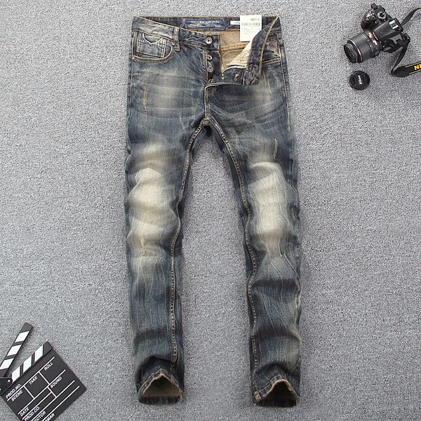 

fashion classical men's jeans slim fit buttons pants retro wash printed jeans men vintage design brand basic, Blue