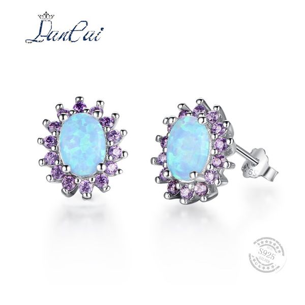 

lancai fashion round unique design blue fire opal fine jewelry inlaid purple zircon 925 sterling silver stud earrings for women, Golden;silver