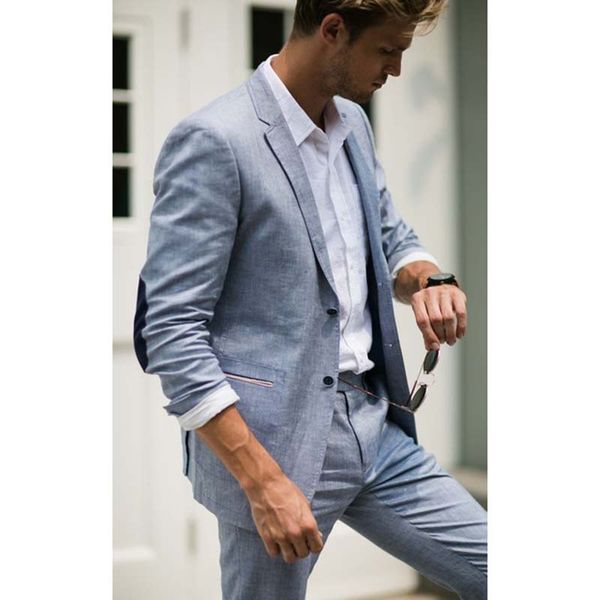 

2017 light gray linen suit for beach men wedding groom tuxedos mens prom dinner suits casual style elbow patches blazer 2 piece, White;black