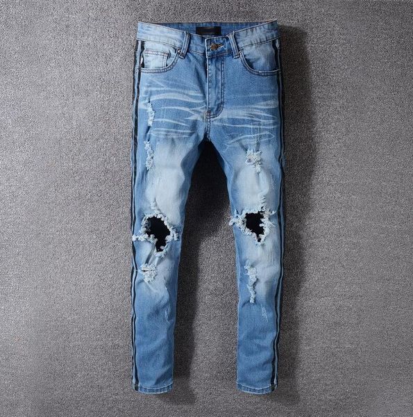 

2017 new style #5312# mens distressed embellished ribbed stretch moto pants biker jeans slim trousers size 28-42, Blue