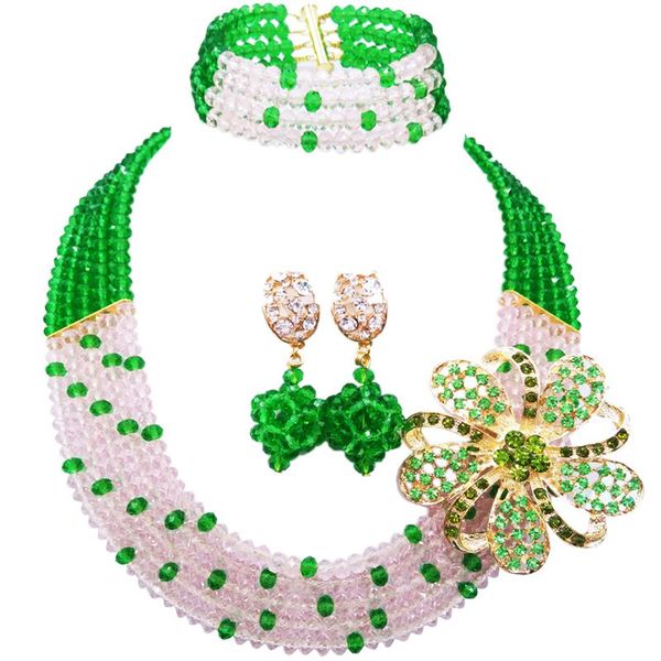 

green peach crystal nigerian wedding beads jewelry set 5c-sz-18, Slivery;golden