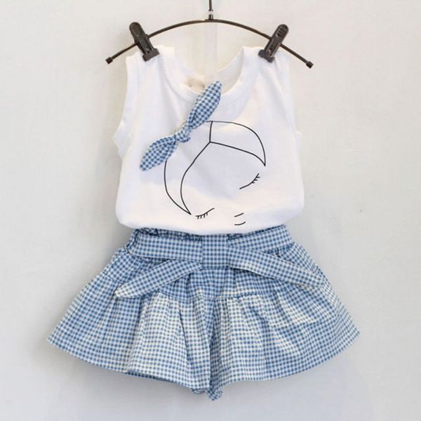 

baby girls summer clothes set cute white t shirt and plaid blue pants for 2-6 years old high quality