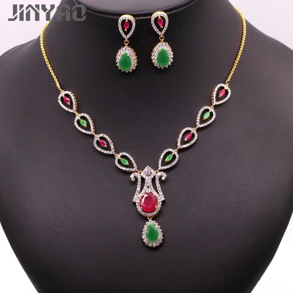 

jinyao luxury female wedding jewelry set for women flowers yellow&white gold color red green zircon necklace earrings party set, Silver
