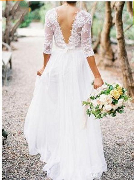 

2020 new bohemian wedding dresses lace 3/4 long sleeves v-neck low back a-line chiffon plus size summer beach country bridal wedding gown, White