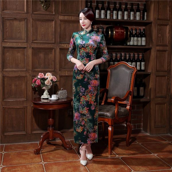 

velvet cheongsam dress chinese women's traditional qipao elegant long sheath flower dress s  l xl xxl 3xl0814, Red