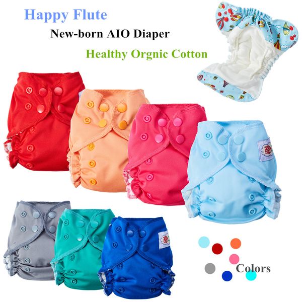 

10pcs happy flute organic cotton newborn baby diapers tiny aio cloth diaper, double gussets breathable reusable fit 3-6kg baby