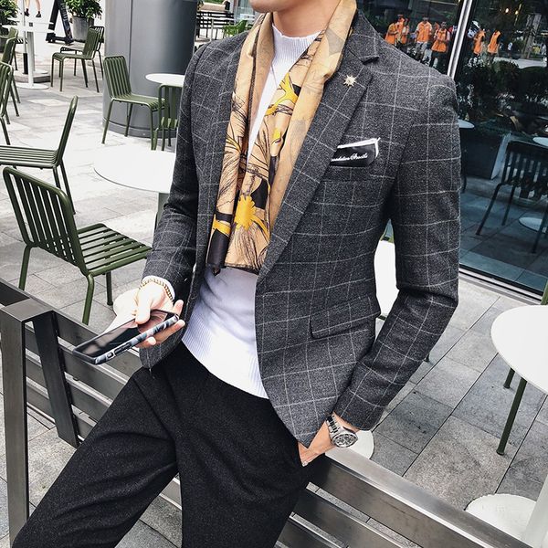 

2018 autumn winter new england men fashion business casual slim lattice western-style suit long sleeve coat plaid blazer homme, White;black