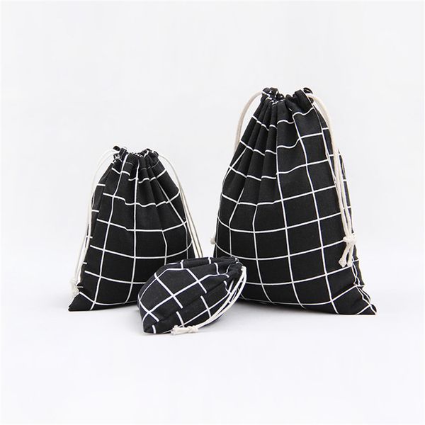 

new quality 3pcs/set simple grid cotton linen fabric dust bag drawstring bags shoes bag travel accessories 3colors