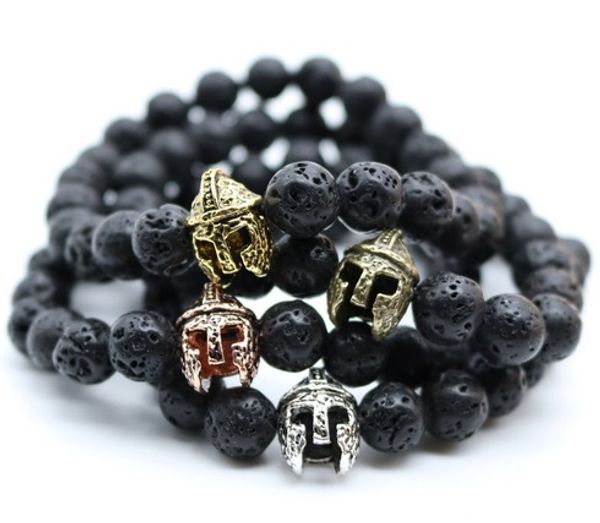 Frisado Antique Gold-Color Roman Warrior Gladiador Capacete Pulseira Homens Preto Lava Rocha Pedra Pedra Pulseiras Para Homens Pulseras Frisadas Fios