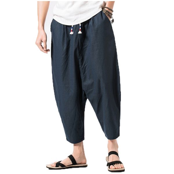 

2018 mens wide crotch harem pants male loose summer cropped trousers wide-legged bloomers chinese flaxen men jogger cross-pants, Black