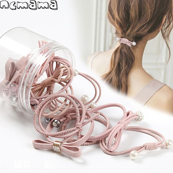 

12pcs/set women solid elastic hairbands with pearl rubber suits stretch hair ropes for girls ponytail holder hair accessories