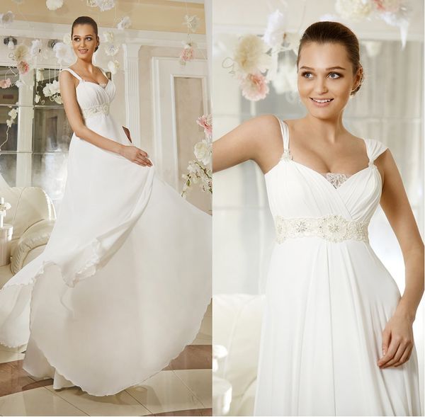 Double Straps Empire Waist Wedding Dresses Beaded Sash Draped