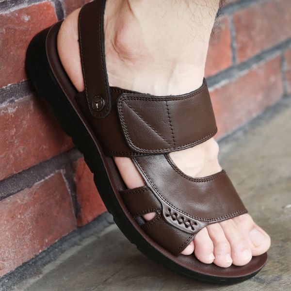 

men flats leather sandals 2018 summer men genuine leather shoes breathable soft beach shoes man slippers double use size 38-44, Black