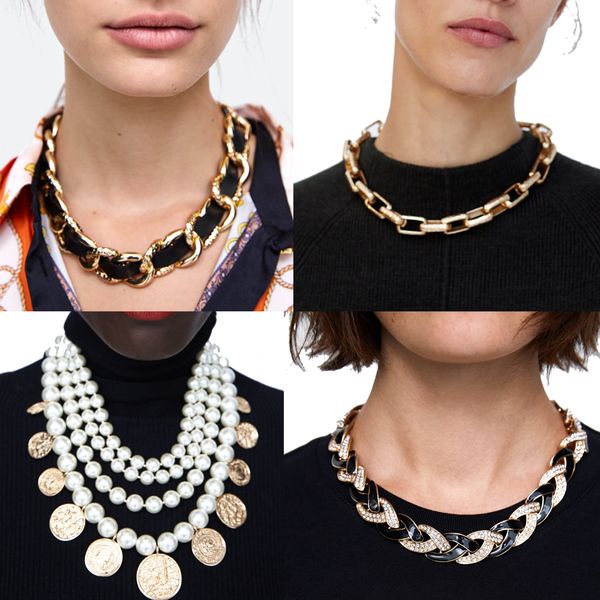 

jujia 4designs exaggerated metal chokers necklace for women's punk jewelry crystal&faux pearl trendy necklace&pendant, Golden;silver