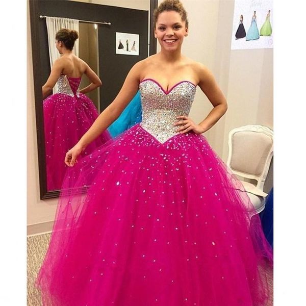 

Sparkly Fuchsia Quinceanera Dresses Ball Gowns Crystal Beaded Sweetheart Tulle Sweet 16 Debutante Dress Vestidos De 15 Anos
