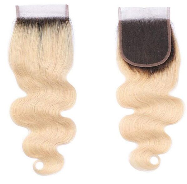 Platinblond Ombre 1b/613 Körperwellen-Spitzenverschluss, vorgezupfte, gebleichte Knoten, Remy-Echthaar, 4x4-Spitzenverschlüsse