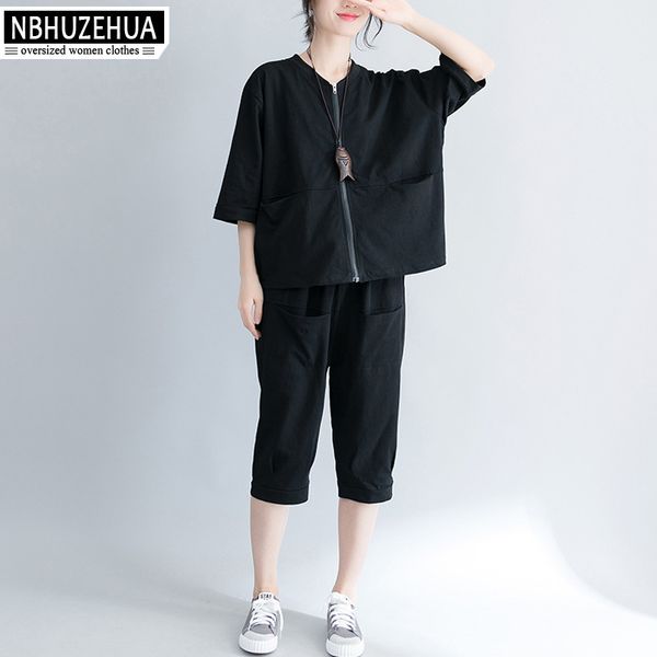 

nbhuzehua a233 korean tracksuit women v-neck zipper summer +loose pants set black two piece set plus size conjunto feminino, White