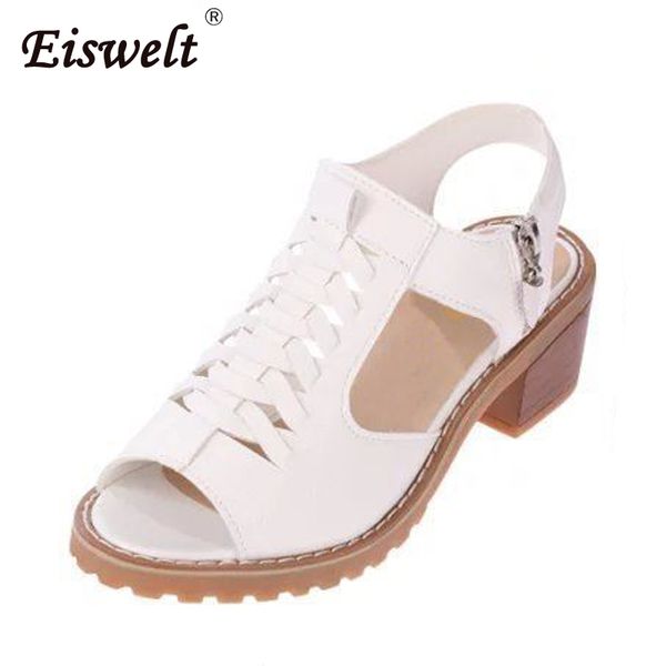 

eiswelt vintage elegant mid square heel women's sandals summer style peep toe cross tied side zip design shoes woman#zqs015, Black