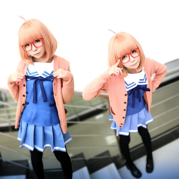 

beyond the boundary cosplay kyoukai no kanata mirai kuriyama ayi ai shindo cosplay costume pink sweater, Black;red