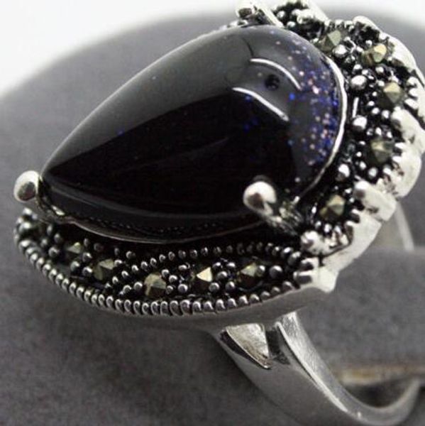 Anello in argento sterling 925 con pietra di sabbia in oro blu 15mmX23mm Marcasite misura 7/8/9/