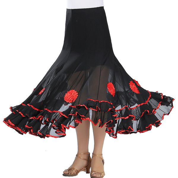 

women belly dance waltz flamenco ballroom dress competition outfits spain dancer skirts long swing dance skirt holographic, Black;red