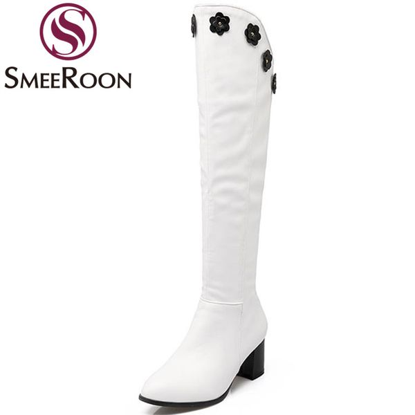 

smeeroon applique knee high boots woman flower side zipper ladies boots women's thick heels convenient round toe winter, Black