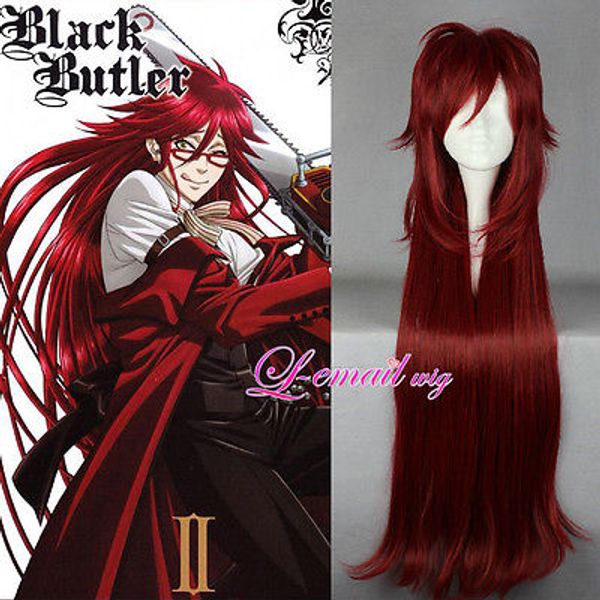 Black Butler Kuroshitsuji Grell Sutcliff Wine Red Capelli lunghi ricci Parrucche Cosplay