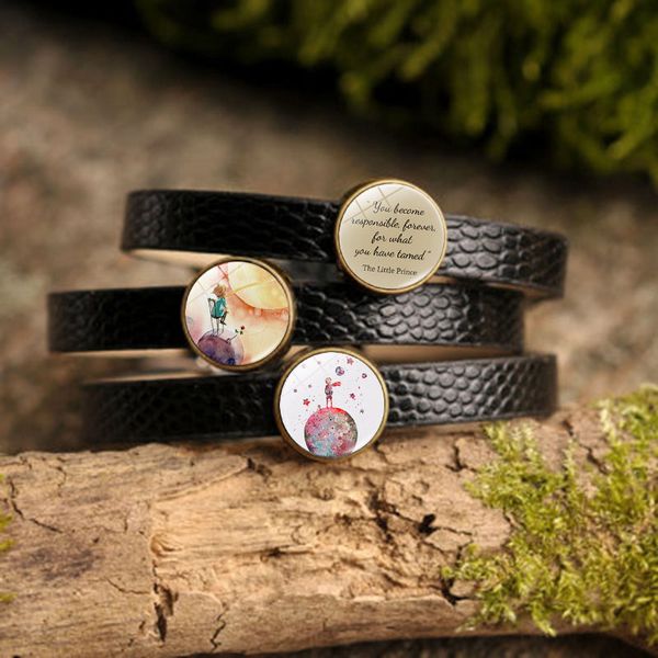 

xushui xj the little prince quote glass dome cabochon bangle bracelet vintage jewelry black leather beaded bracelets for women, Golden;silver