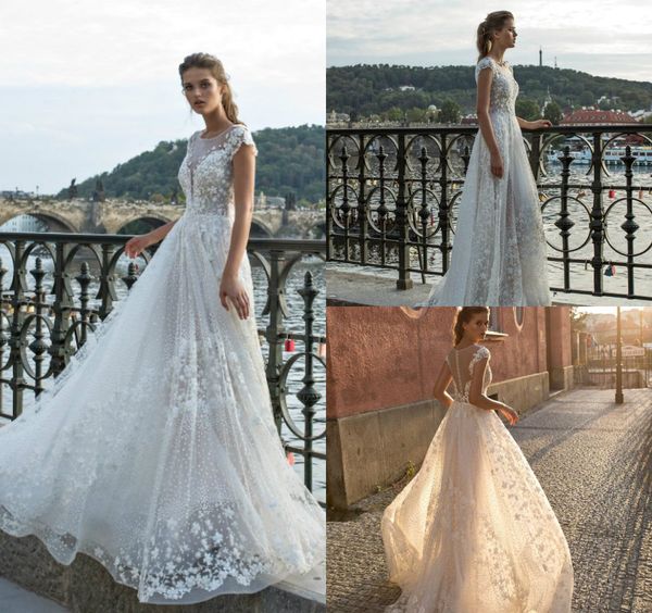 

2019 пляж line свадебные платья jewel шеи кружева аппликации cap рукава sweep поезд boho свадебное платье цвета слоновой кости плюс размер с, White